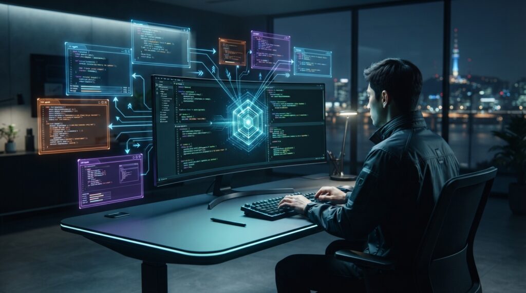 Claude Code의 백그라운드 서브에이전트와 자동화 훅을 활용한 효율적인 개발 워크플로우를 시각화한 이미지.