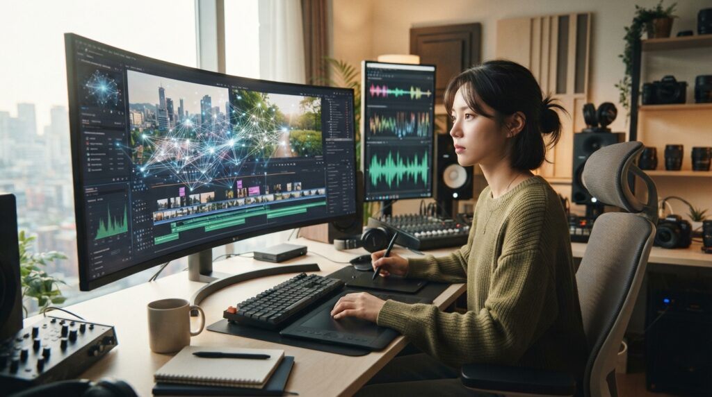 AI 도구를 활용하여 유튜브 콘텐츠를 기획하고 편집하는 크리에이터의 모습