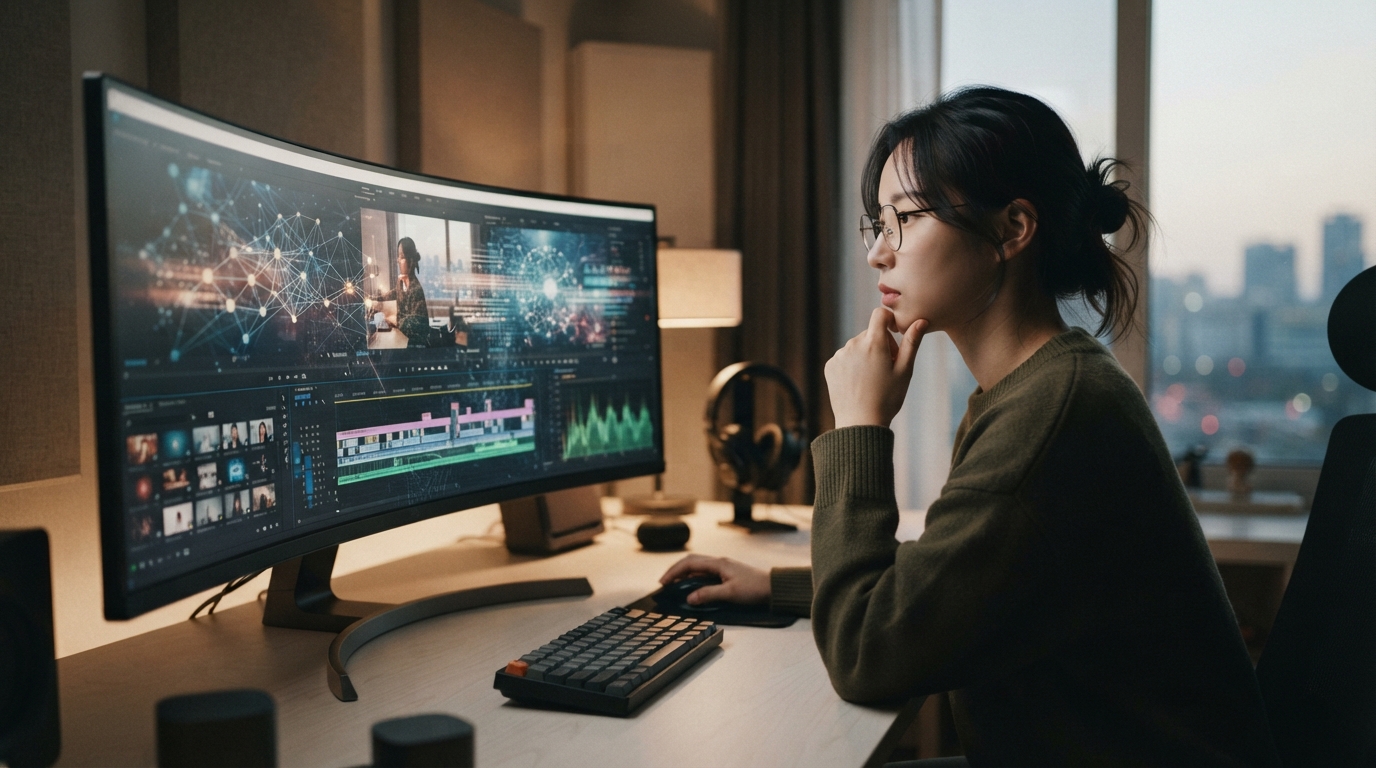 AI 도구를 활용하여 유튜브 콘텐츠를 기획하고 편집하는 크리에이터의 모습 (2)