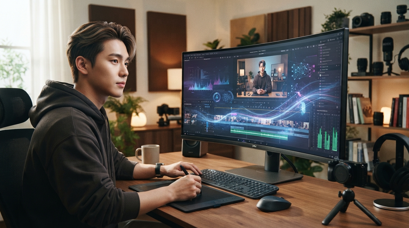 AI 도구를 활용하여 유튜브 콘텐츠를 기획하고 편집하는 크리에이터의 모습 (3)