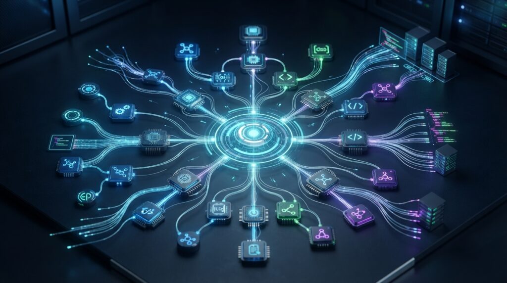 Claude Code의 확장 워크플로우를 시각화한 추상적인 이미지. 중앙의 메인 AI 에이전트가 여러 개의 서브 에이전트와 커스텀 스킬 노드에 작업을 분배하며 효율적인 개발 자동화를 나타냅니다.