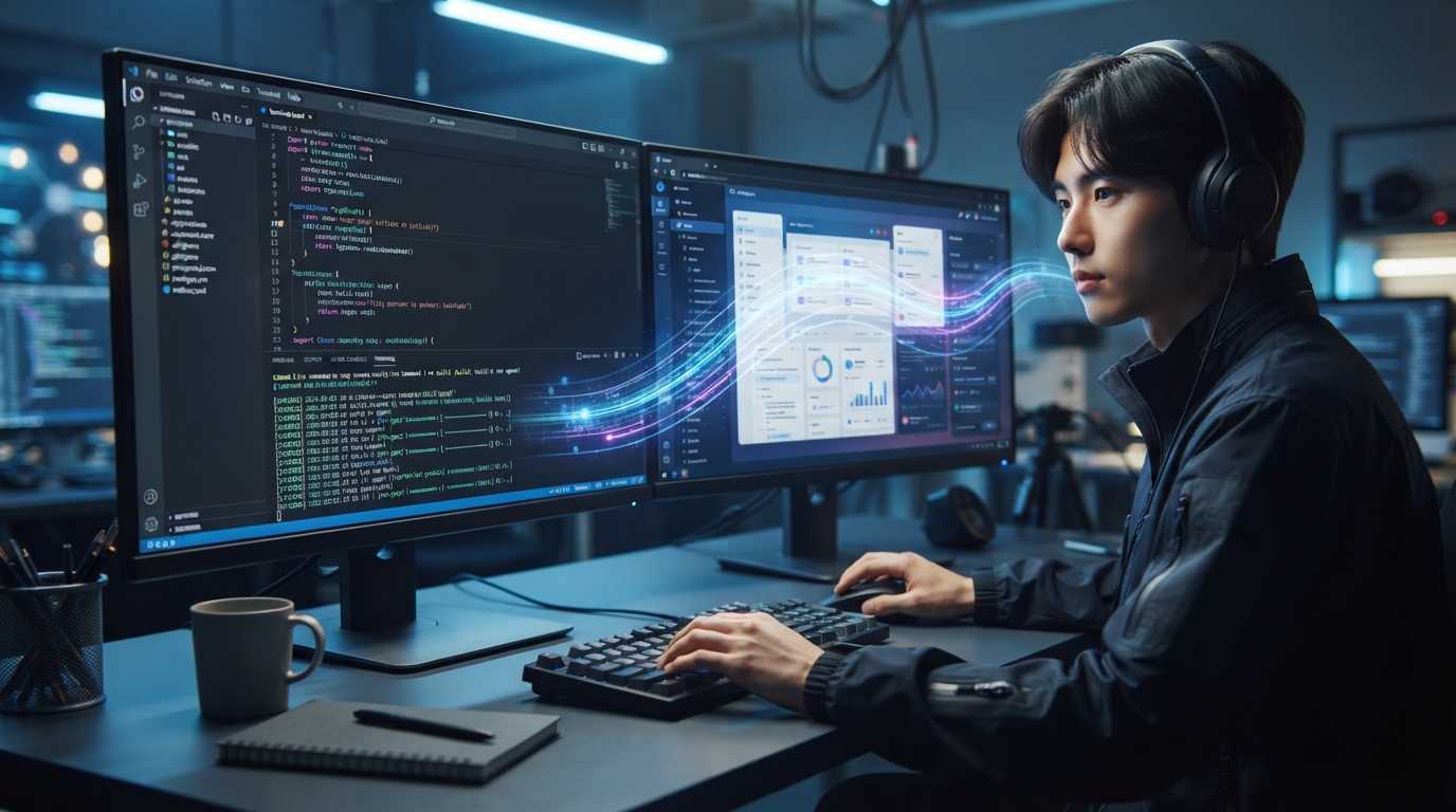 터미널에서 AI 코딩 에이전트가 코드를 실행하고, 동시에 옆 화면에 실시간으로 생성된 웹 UI 아티팩트가 표시되어 개발 효율성을 높이는 모습을 담은 이미지. (3)