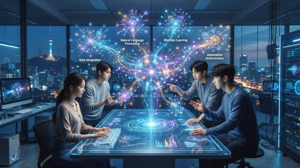 여러 AI 에이전트가 유기적으로 연결되어 복잡한 업무를 협업하여 처리하는 추상적인 모습.