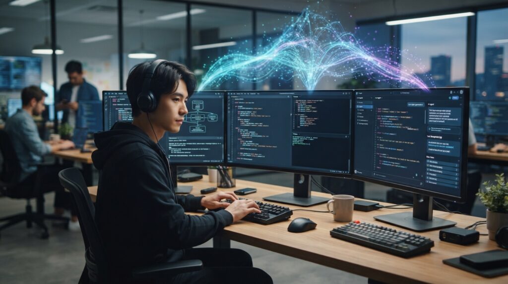 Claude Code를 활용하여 개발 생산성을 높이는 개발자의 작업 환경. 여러 모니터에 코드와 터미널이 표시되고, AI 에이전트 인터페이스가 보이며, AI의 지능을 상징하는 추상적인 빛이 어우러져 있습니다.