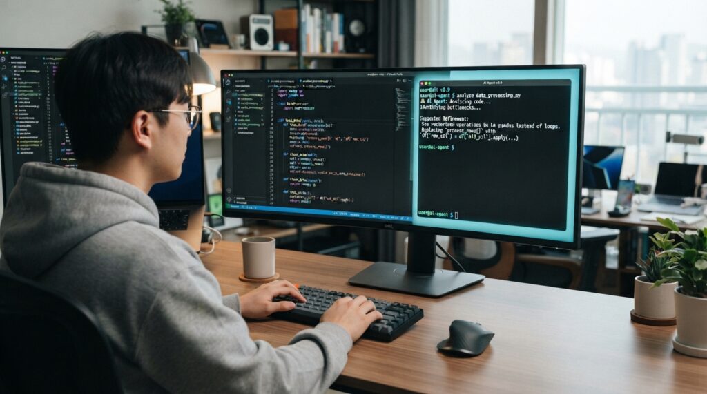 터미널에서 AI 코딩 에이전트 Claude Code를 활용하여 개발 작업을 진행하는 모습