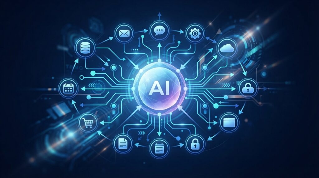AI 에이전트가 다양한 도구와 API를 연결하여 작업을 자동화하는 추상적인 워크플로우 이미지