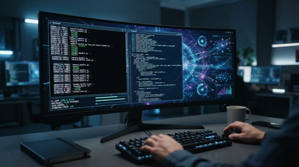 터미널에서 Claude Code 에이전트가 코드를 자동화하고 관리하는 모습
