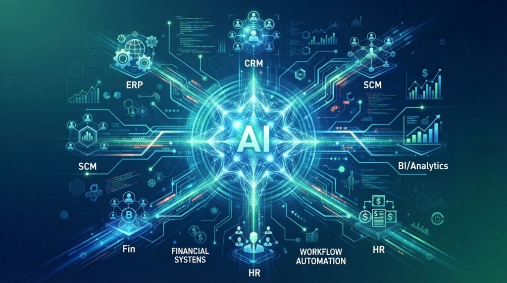 AI 에이전트가 다양한 기업 시스템과 매끄럽게 연동되어 반복 업무를 자동화하는 미래 지향적인 모습
