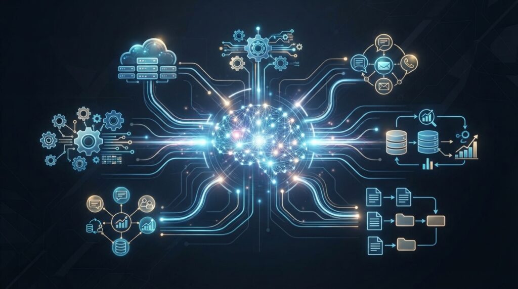 기업 시스템과 유기적으로 연결되어 업무를 자동화하는 AI 에이전트의 추상적인 모습